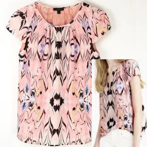 J. Crew Blouse Marble Print Crepe Shirt Cap Sleeve Keyhole Top Pink Black Size 6